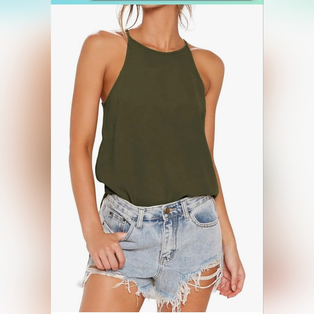 THANTH Two Pack Bundle Halter Tank Top Olive And Burgundy Red Medium